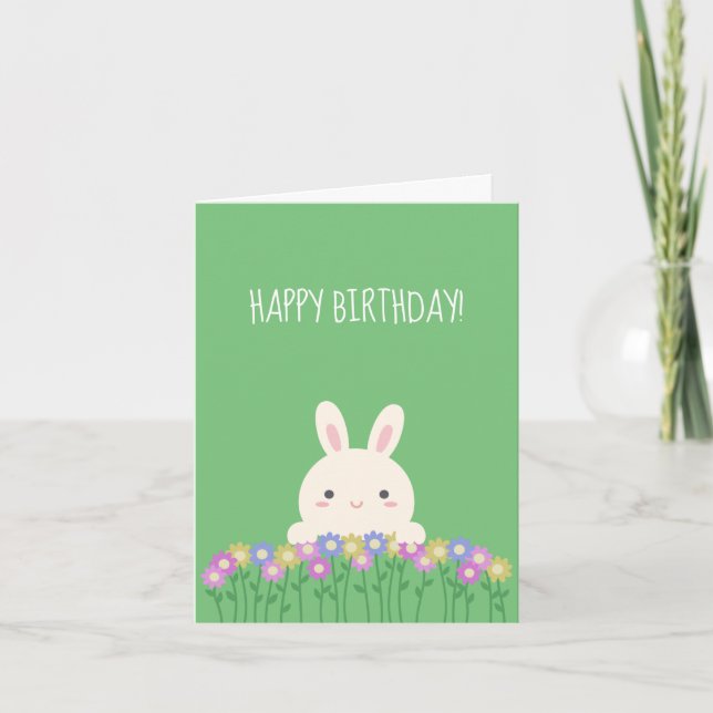 Elegant Cute Kawaii Bunny & Flowers Happy Birthday Card (Front)