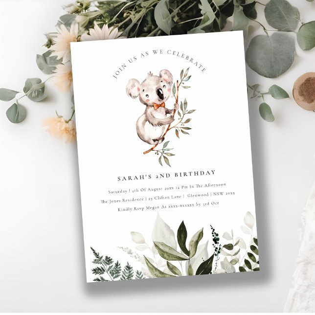 Elegant Cute Koala Foliage Any Age Birthday Invite (Creator Uploaded)