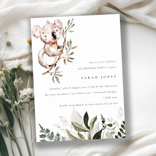 Elegant Cute Koala Foliage Any Age Birthday Invite (Creator Uploaded)