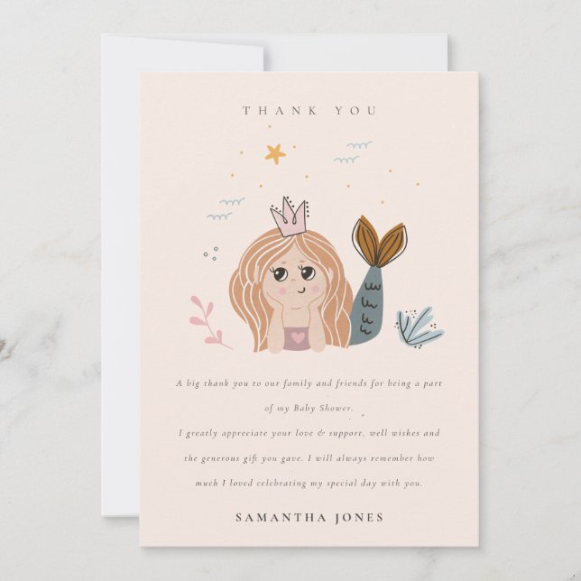 Elegant Cute Little Blush Sea Mermaid Baby Shower Thank You Card (Front)