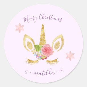 Elegant cute Merry Christmas gold glitter unicorn Classic Round Sticker