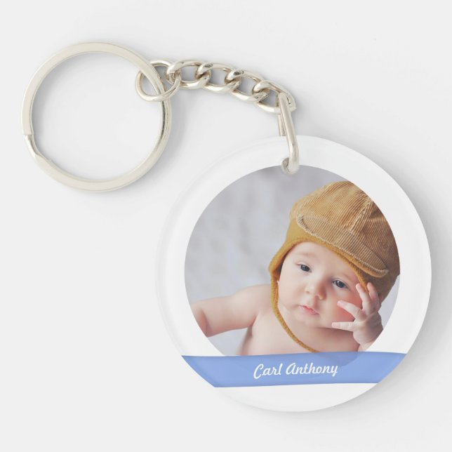 Elegant Cute New Baby Boy Siblings Photo Keepsake Key Ring (Front)