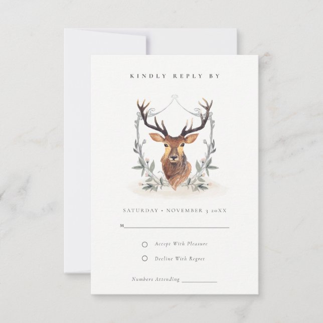Elegant Cute Pastel Deer Floral Crest Wedding RSVP Card (Front)