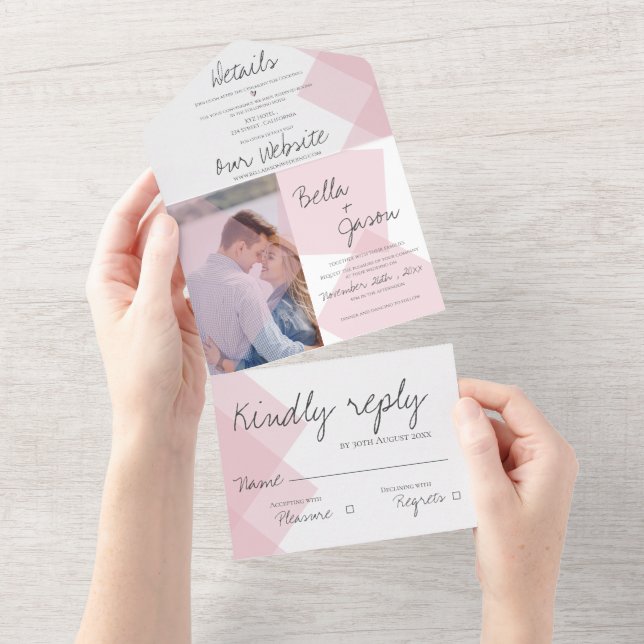 Elegant Cute Pastel Pink  Monogram Photo Wedding All In One Invitation (Tearaway)