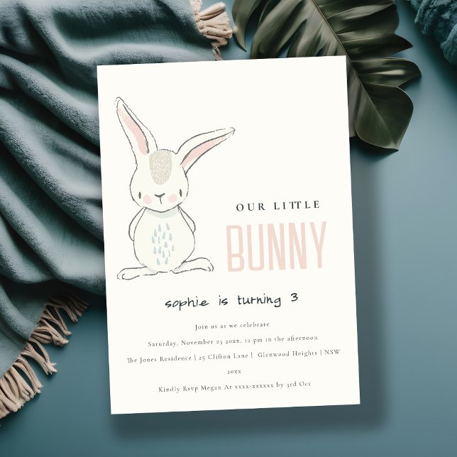 Elegant Cute Pink Blush Photo Bunny Kids Birthday Invitation (Creator Uploaded)