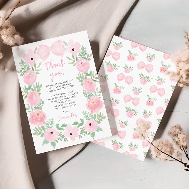 Elegant cute pink bow floral baby girl shower thank you card (Creator Uploaded)
