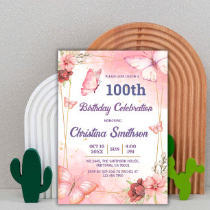 Elegant cute pink floral butterfly 100th birthday invitation