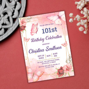 Elegant cute pink floral butterfly 101st birthday invitation