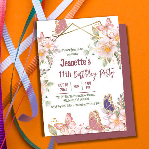 Elegant cute pink floral butterfly 11th birthday  invitation