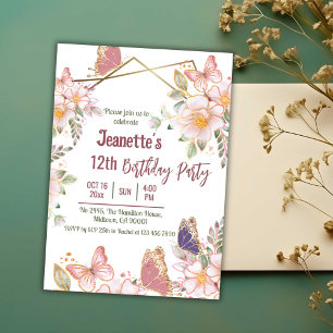 Elegant cute pink floral butterfly 12th birthday invitation