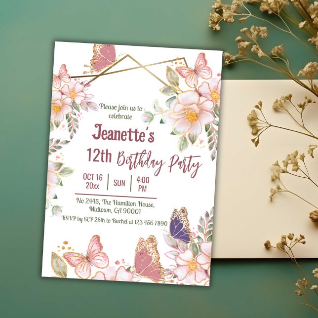 Elegant cute pink floral butterfly 12th birthday invitation (Front)