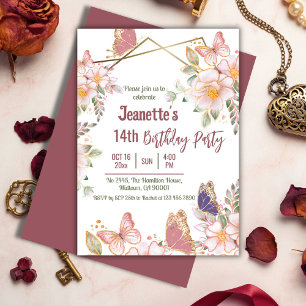 Elegant cute pink floral butterfly 14th birthday  invitation