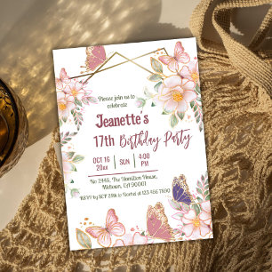 Elegant cute pink floral butterfly 17th birthday  invitation