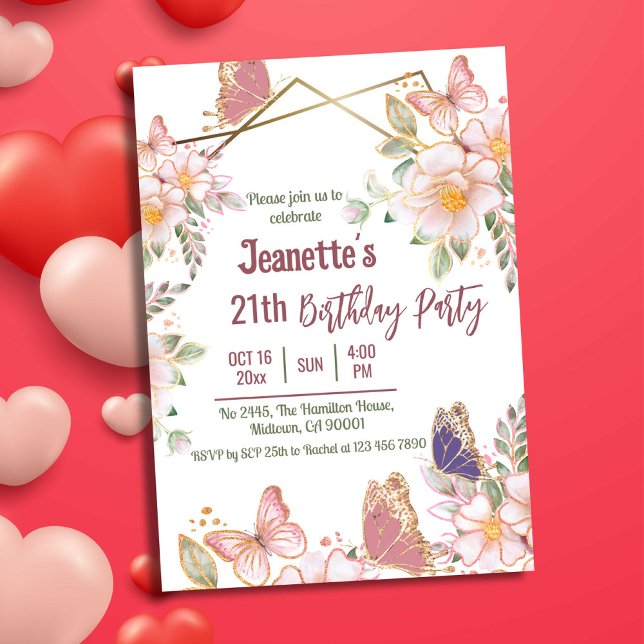 Elegant cute pink floral butterfly 21st birthday  invitation (Front)