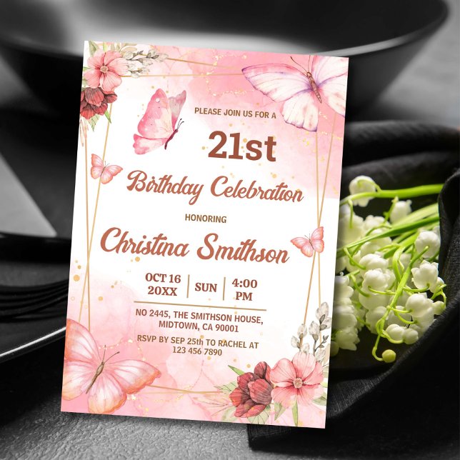 Elegant cute pink floral butterfly 21st birthday invitation (Creator Uploaded)