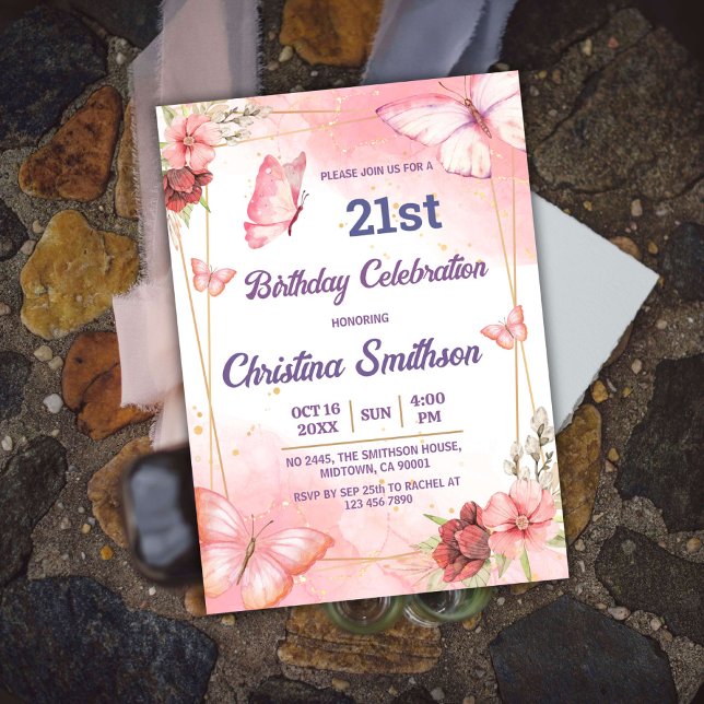 Elegant cute pink floral butterfly 21st birthday invitation (Creator Uploaded)