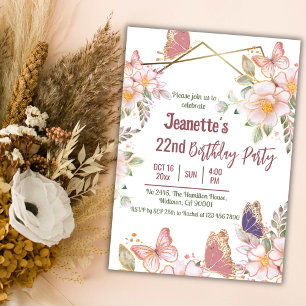 Elegant cute pink floral butterfly 22nd birthday invitation