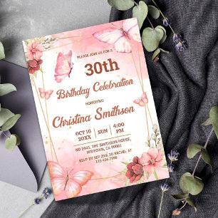 Elegant cute pink floral butterfly 30th birthday invitation