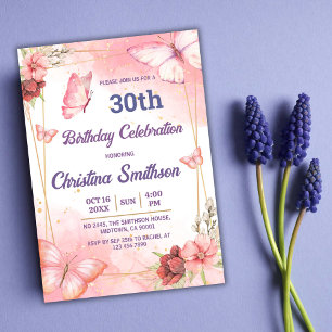 Elegant cute pink floral butterfly 30th birthday invitation