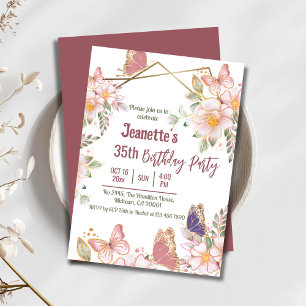 Elegant cute pink floral butterfly 35th birthday invitation