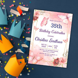 Elegant cute pink floral butterfly 35th birthday invitation