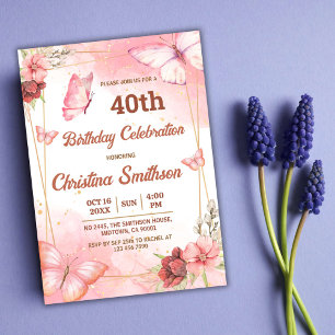 Elegant cute pink floral butterfly 40th birthday invitation