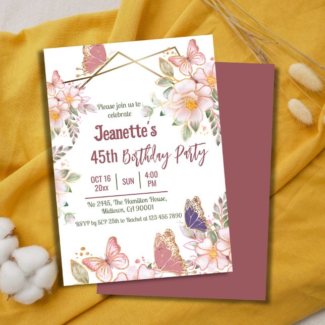 Elegant cute pink floral butterfly 45th birthday  invitation (Front/Back )