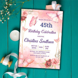 Elegant cute pink floral butterfly 45th birthday invitation