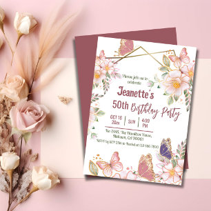 Elegant cute pink floral butterfly 50th birthday  invitation