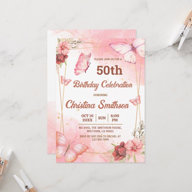 Elegant cute pink floral butterfly 50th birthday invitation (Front/Back In Situ)