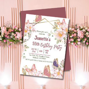 Elegant cute pink floral butterfly 55th birthday  invitation