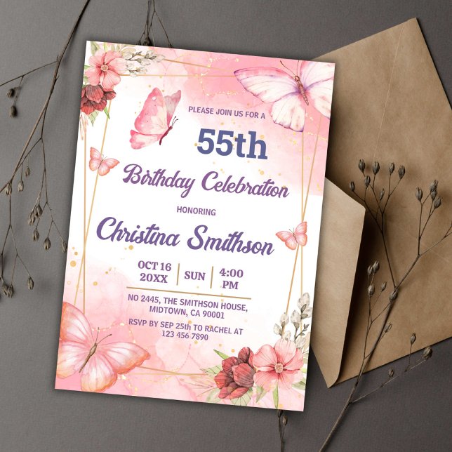 Elegant cute pink floral butterfly 55th birthday invitation (Creator Uploaded)