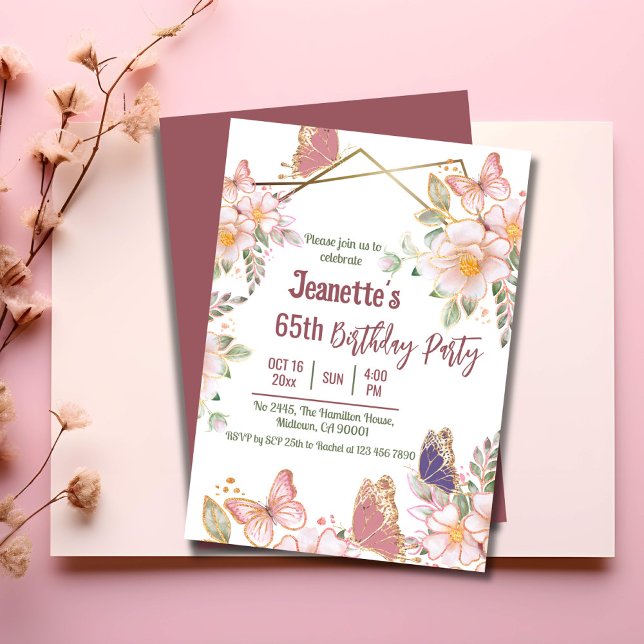 Elegant cute pink floral butterfly 65th birthday  invitation (Front/Back )