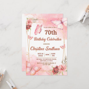 Elegant cute pink floral butterfly 70th birthday invitation