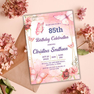 Elegant cute pink floral butterfly 85th birthday invitation