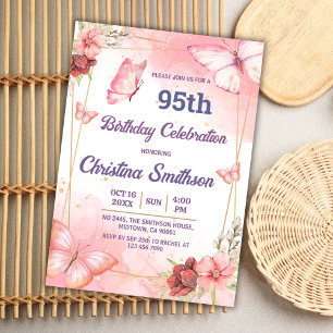 Elegant cute pink floral butterfly 95th birthday invitation