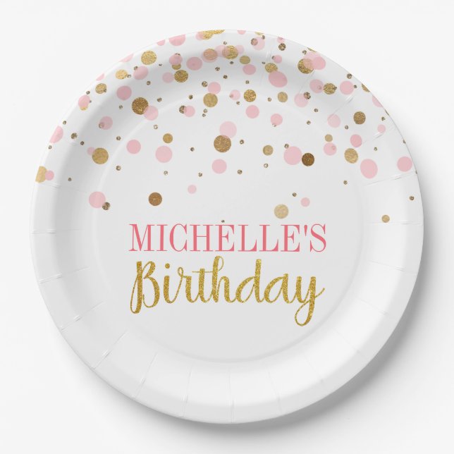 Elegant Cute Pink Gold Confetti Girl Birthday Paper Plate (Front)