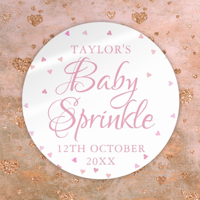 Elegant Cute Pink Hearts Baby Sprinkle Shower Classic Round Sticker (Elegant Cute Pink Hearts Baby Sprinkle Shower Classic Round Sticker)