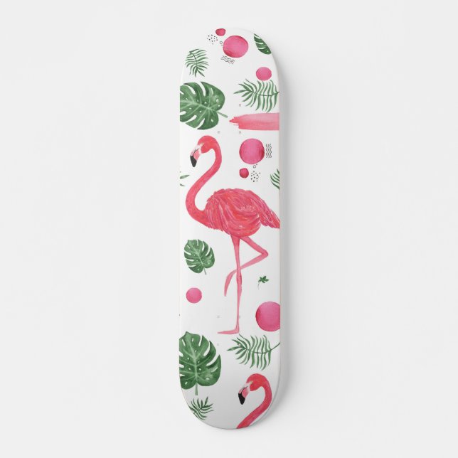 Elegant cute pink watercolor flamingo flowers skateboard (Front)