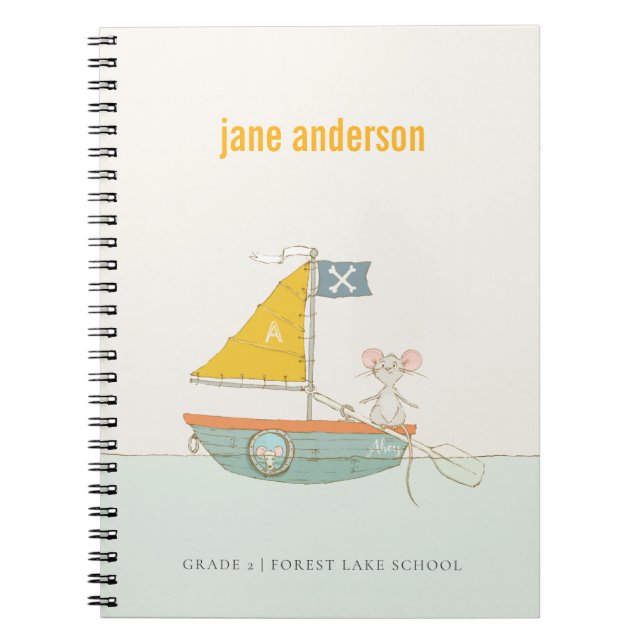 Elegant Cute Pirate Mouse Sailboat Kids Monogram  Notebook (Front)