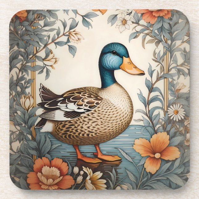 Elegant Cute Plump Duck Vintage Floral Coaster (Front)
