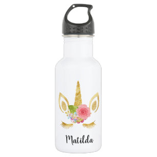 Elegant cute pretty floral gold glitter unicorn 532 ml water bottle