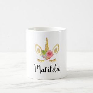 Elegant cute pretty floral gold glitter unicorn coffee mug