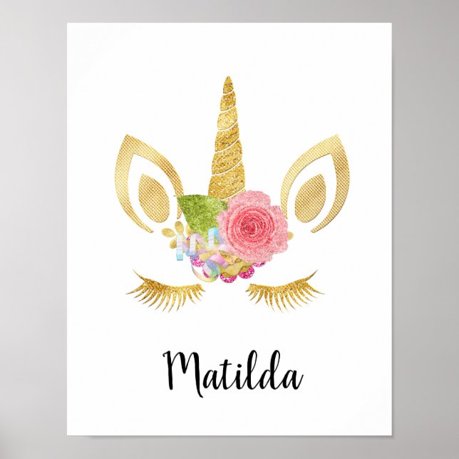 Elegant cute pretty floral gold glitter unicorn poster (Front)