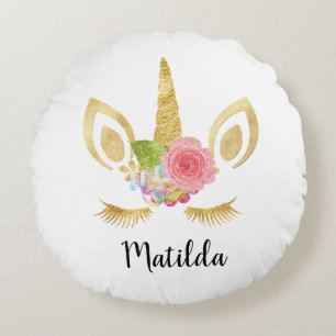 Elegant cute pretty floral gold glitter unicorn round cushion