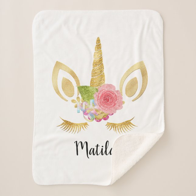 Elegant cute pretty floral gold glitter unicorn sherpa blanket (Front)