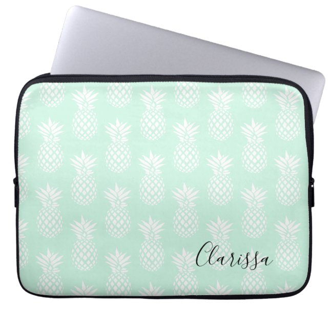 Elegant cute pretty mint green pineapple pattern laptop sleeve (Front)