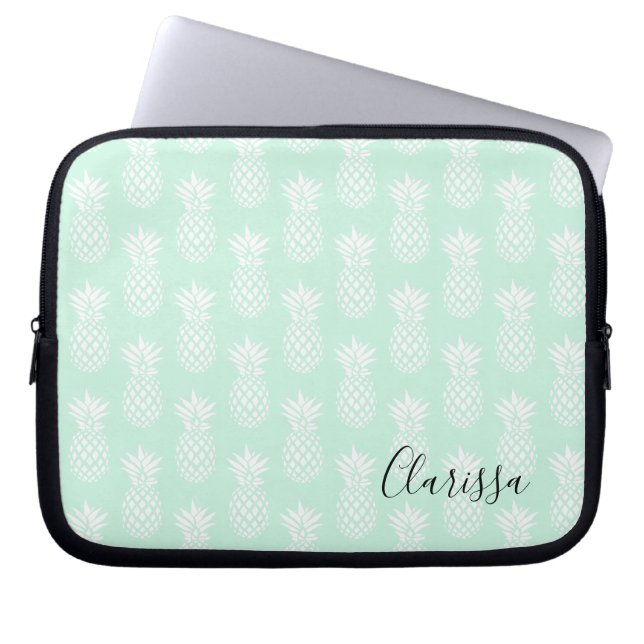 Elegant cute pretty mint green pineapple pattern laptop sleeve (Front)