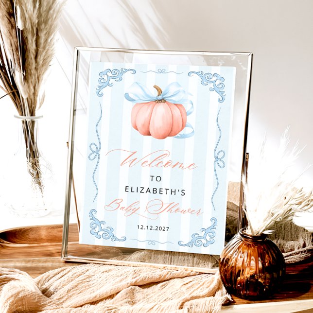 Elegant Cute Pumpkin Blue Bow Baby Shower  Poster (Creator Uploaded)