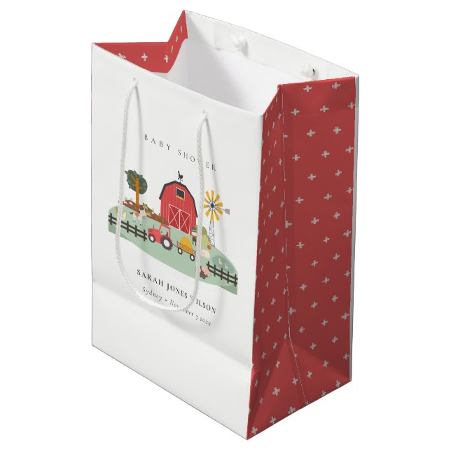 Elegant Cute Red Barnyard Farm Animal Baby Shower Medium Gift Bag (Front Angled)
